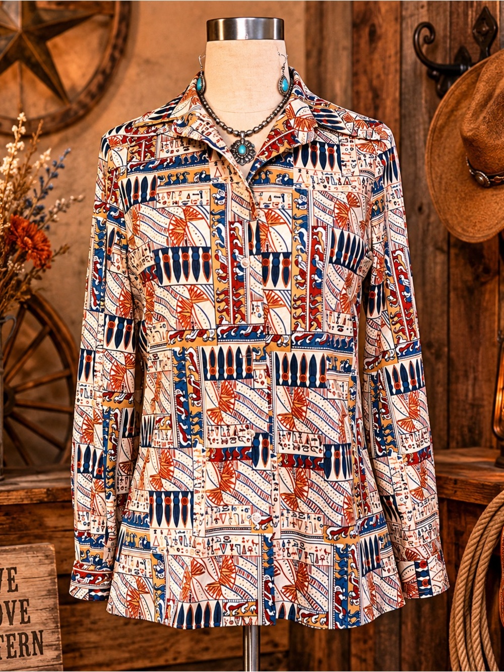 Vintage Hamilton Women's novelty Patterned Button front Collar blouse Sz. M